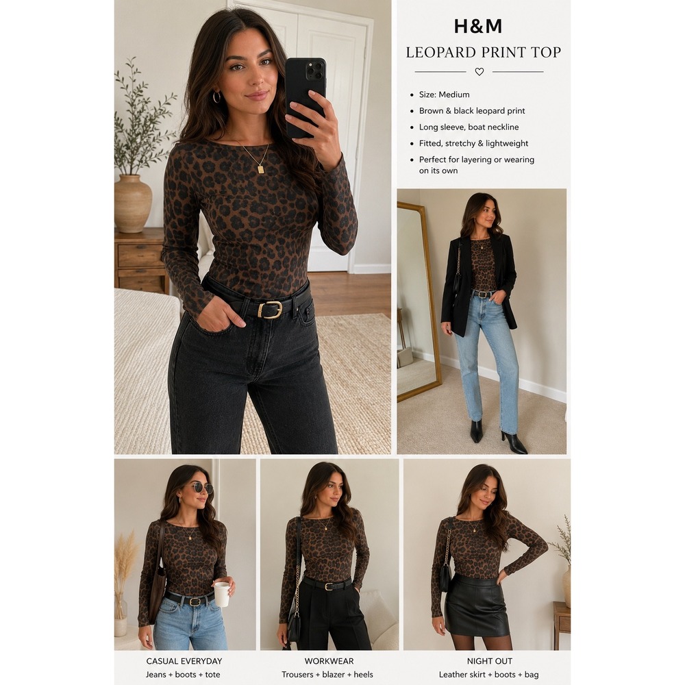 H&M Leopard Print Top Womens Medium Brown Long Sleeve Boat Neck Stretch Fitted